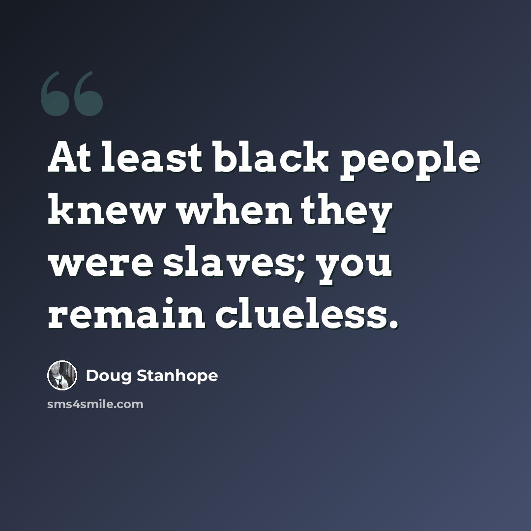 “At least black people knew when they were slaves; you remain clueless.” quote by Doug Stanhope