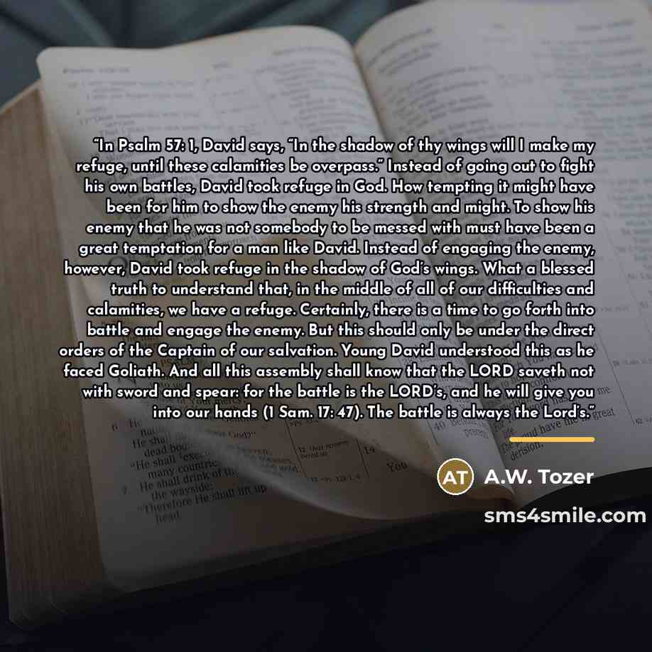 “In Psalm 57: 1, David says, “In the shadow of thy wings will I make my refuge, until these calamities be overpass.” Instead of going out to fight his own battles, David took refuge in God. How tempting it might have been for him to show the enemy his strength and might. To show his enemy that he…” quote by A.W. Tozer