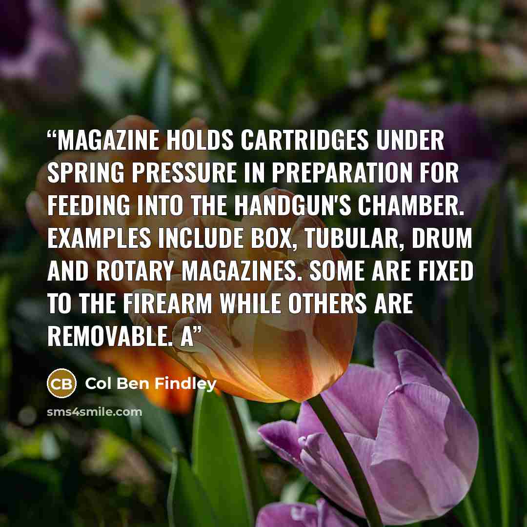 “Magazine holds cartridges under spring pressure in preparation for feeding into the handgun's chamber. Examples include box, tubular, drum and rotary magazines. Some are fixed to the firearm while others are removable. A” quote by Col Ben Findley