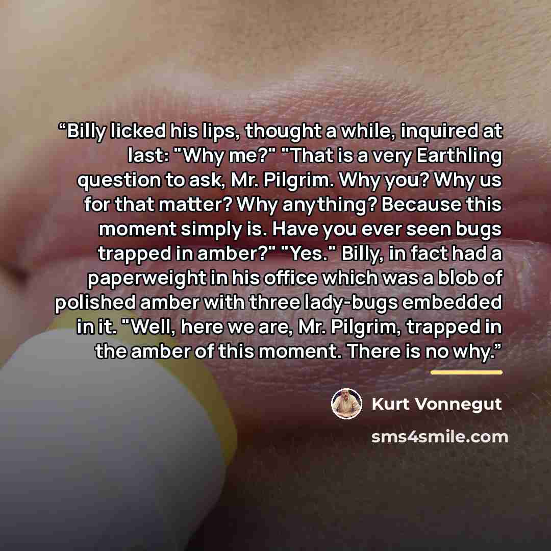 “Billy licked his lips, thought a while, inquired at last: "Why me?" "That is a very Earthling question to ask, Mr. Pilgrim. Why you? Why us for that matter? Why anything? Because this moment simply is. Have you ever seen bugs trapped in amber?" "Yes." Billy, in fact had a paperweight in his office…” quote by Kurt Vonnegut