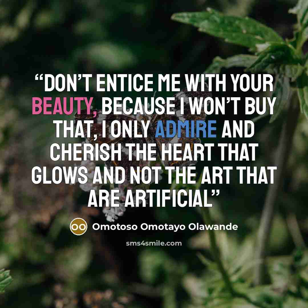 “Don’t Entice me with your beauty, Because I won’t buy that, I only admire and cherish the heart that glows and not the art that are artificial” quote by Omotoso Omotayo Olawande