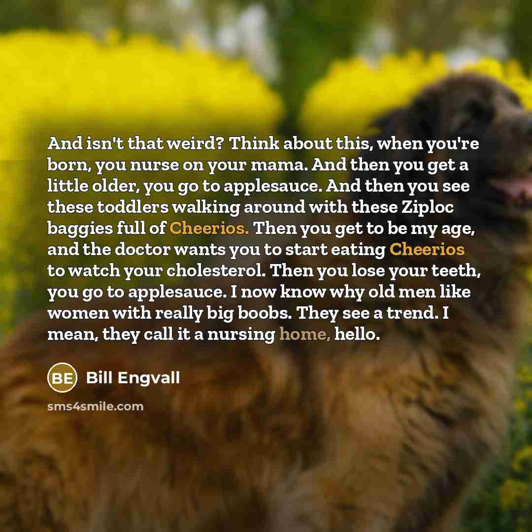 “And isn't that weird? Think about this, when you're born, you nurse on your mama. And then you get a little older, you go to applesauce. And then you see these toddlers walking around with these Ziploc baggies full of Cheerios. Then you get to be my age, and the doctor wants you to start eating…” quote by Bill Engvall