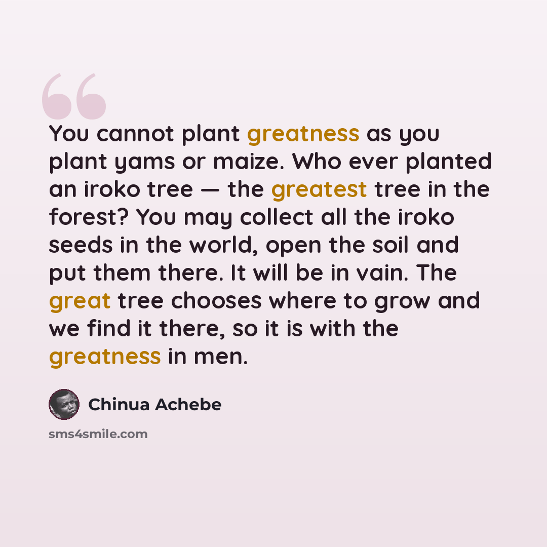“You cannot plant greatness as you plant yams or maize. Who ever planted an iroko tree — the greatest tree in the forest? You may collect all the iroko seeds in the world, open the soil and put them there. It will be in vain. The great tree chooses where to grow and we find it there, so it is with…” quote by Chinua Achebe