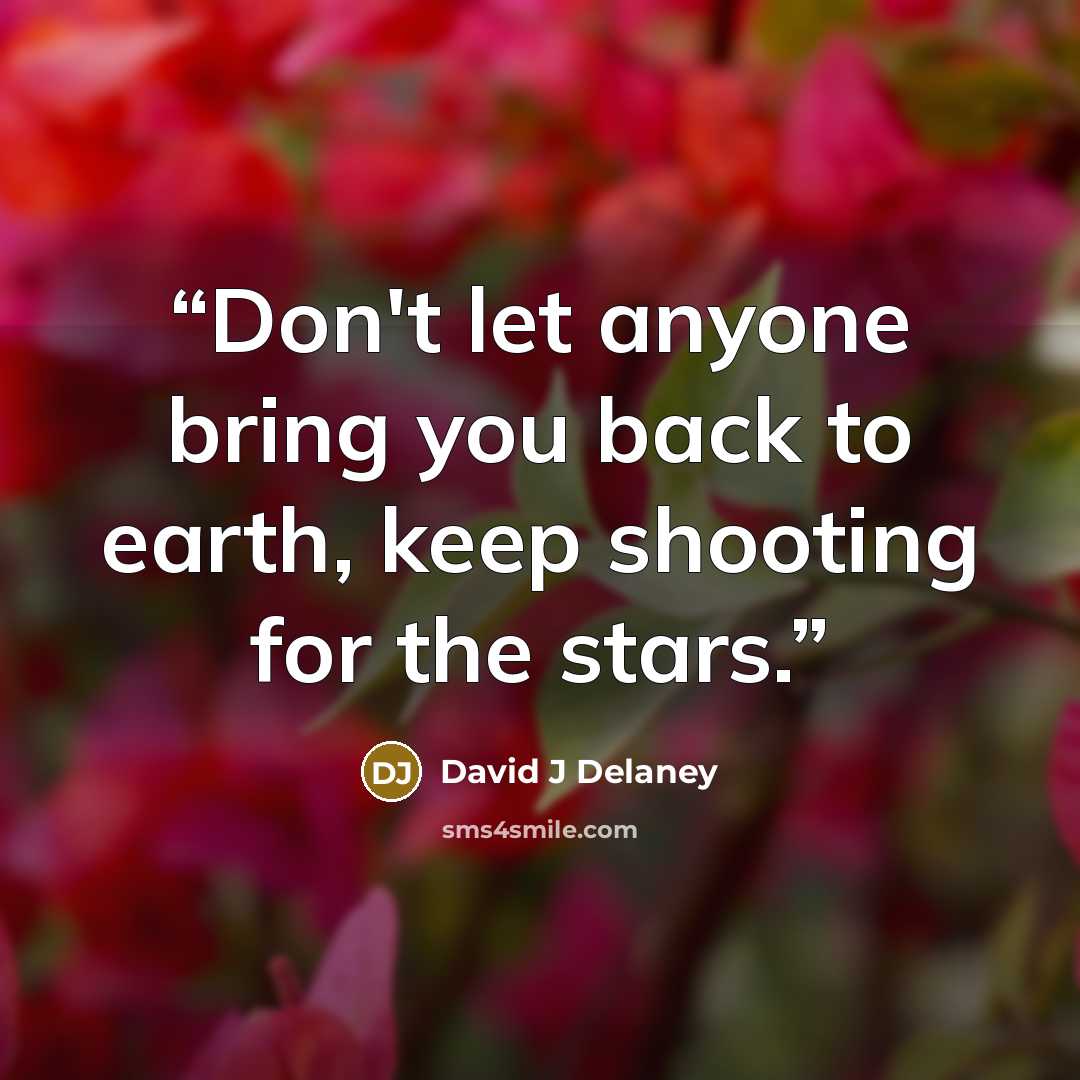 “Don't let anyone bring you back to earth, keep shooting for the stars.” quote by David J Delaney