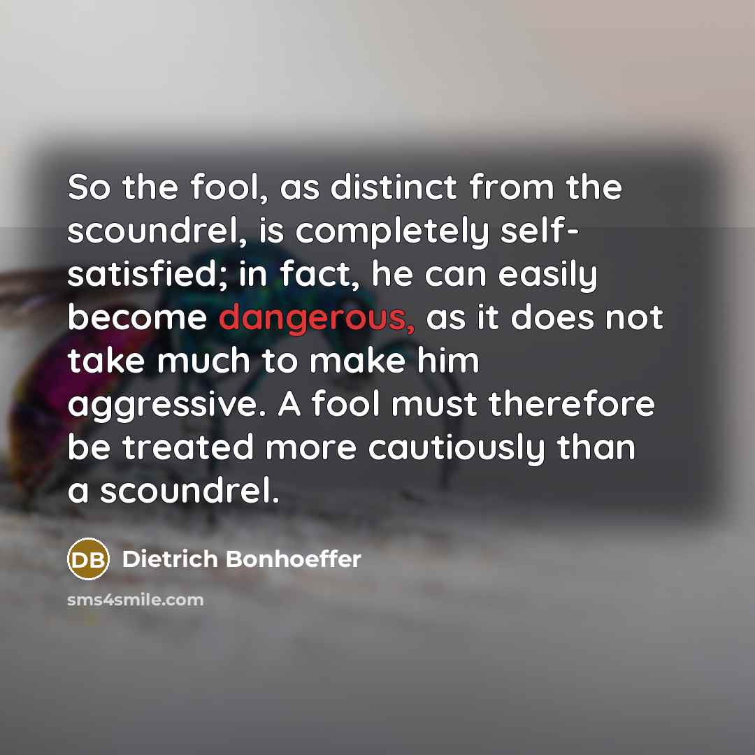 “So the fool, as distinct from the scoundrel, is completely self- satisfied; in fact, he can easily become dangerous, as it does not take much to make him aggressive. A fool must therefore be treated more cautiously than a scoundrel.” quote by Dietrich Bonhoeffer