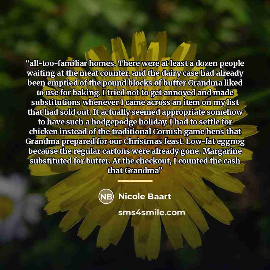 “all-too-familiar homes. There were at least a dozen people waiting at the meat counter, and the dairy case had already been emptied of the pound blocks of butter Grandma liked to use for baking. I tried not to get annoyed and made substitutions whenever I came across an item on my list that had…” quote by Nicole Baart