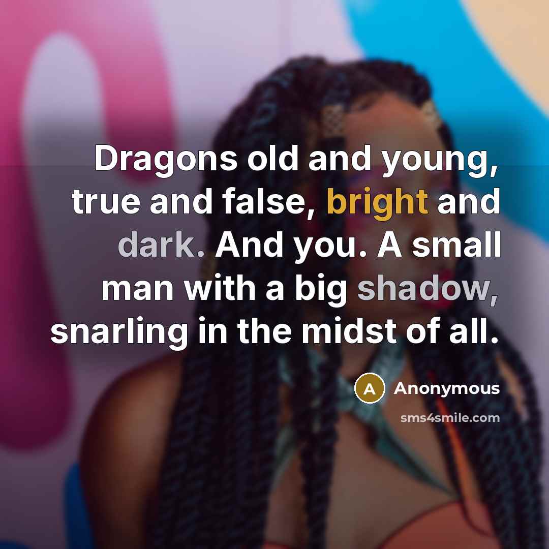 “Dragons old and young, true and false, bright and dark. And you. A small man with a big shadow, snarling in the midst of all.” quote by Anonymous