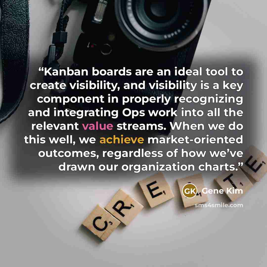 “Kanban boards are an ideal tool to create visibility, and visibility is a key component in properly recognizing and integrating Ops work into all the relevant value streams. When we do this well, we achieve market-oriented outcomes, regardless of how we’ve drawn our organization charts.” quote by Gene Kim