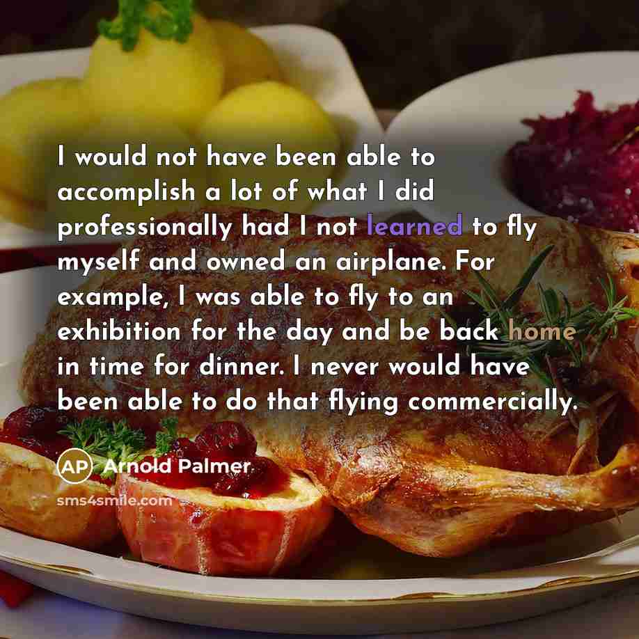 “I would not have been able to accomplish a lot of what I did professionally had I not learned to fly myself and owned an airplane. For example, I was able to fly to an exhibition for the day and be back home in time for dinner. I never would have been able to do that flying commercially.” quote by Arnold Palmer