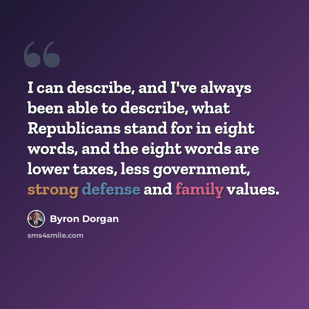 “I can describe, and I've always been able to describe, what Republicans stand for in eight words, and the eight words are lower taxes, less government, strong defense and family values.” quote by Byron Dorgan