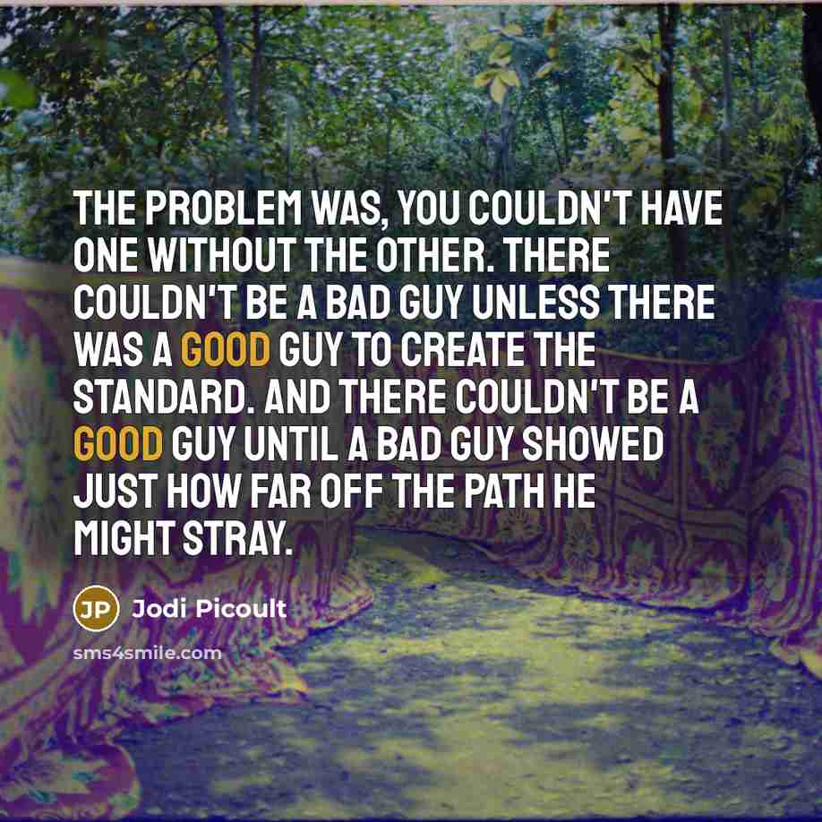 “The problem was, you couldn't have one without the other. There couldn't be a bad guy unless there was a good guy to create the standard. And there couldn't be a good guy until a bad guy showed just how far off the path he might stray.” quote by Jodi Picoult