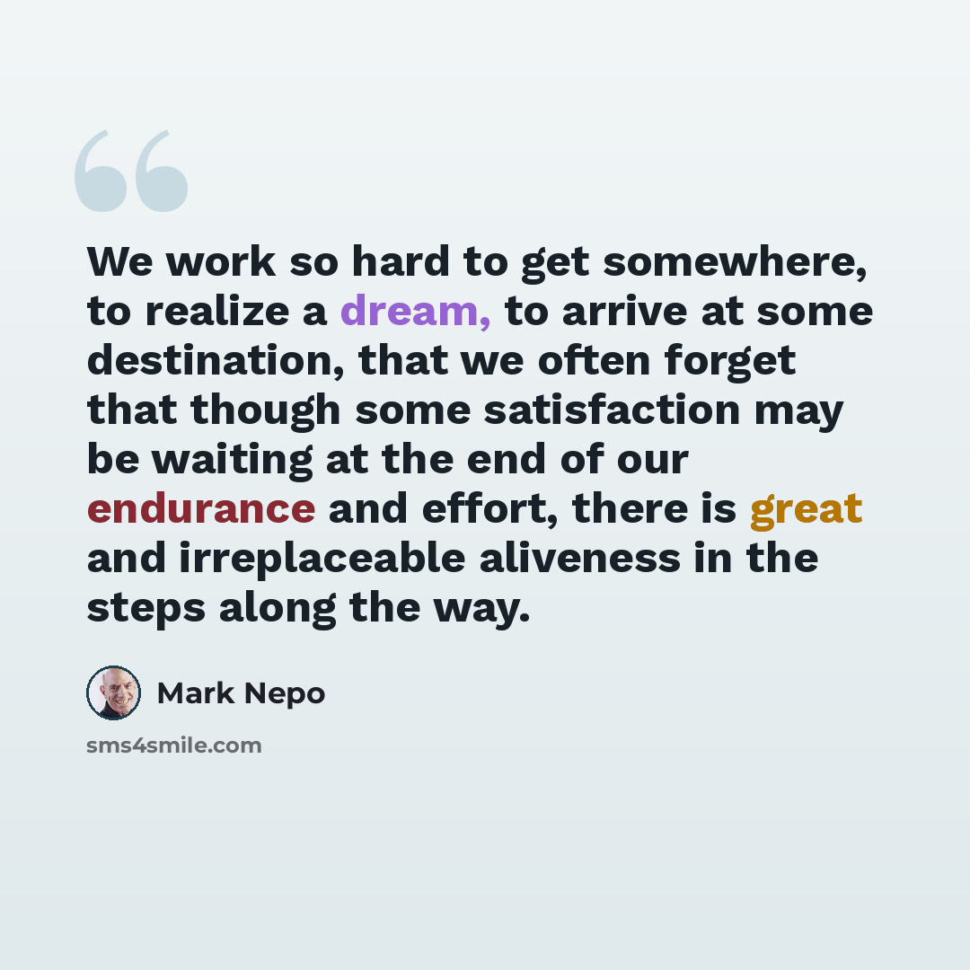 “We work so hard to get somewhere, to realize a dream, to arrive at some destination, that we often forget that though some satisfaction may be waiting at the end of our endurance and effort, there is great and irreplaceable aliveness in the steps along the way.” quote by Mark Nepo