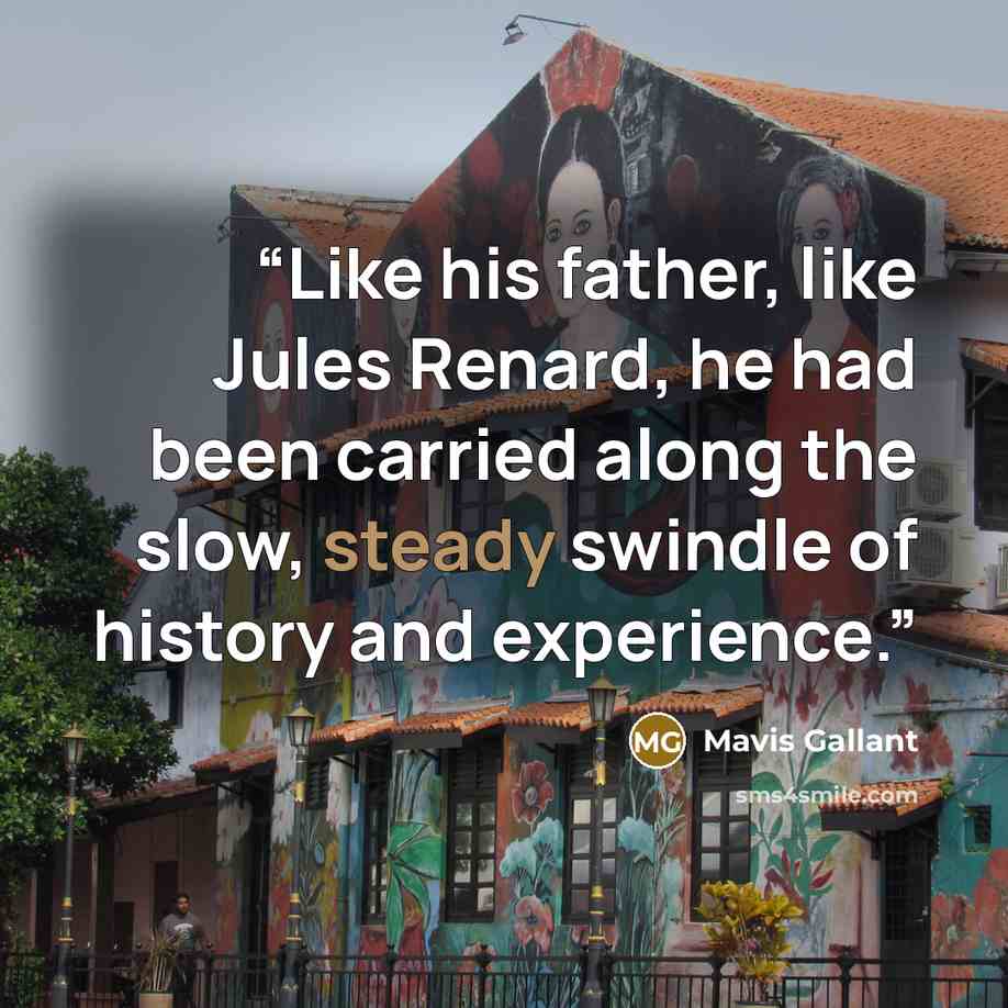 “Like his father, like Jules Renard, he had been carried along the slow, steady swindle of history and experience.” quote by Mavis Gallant