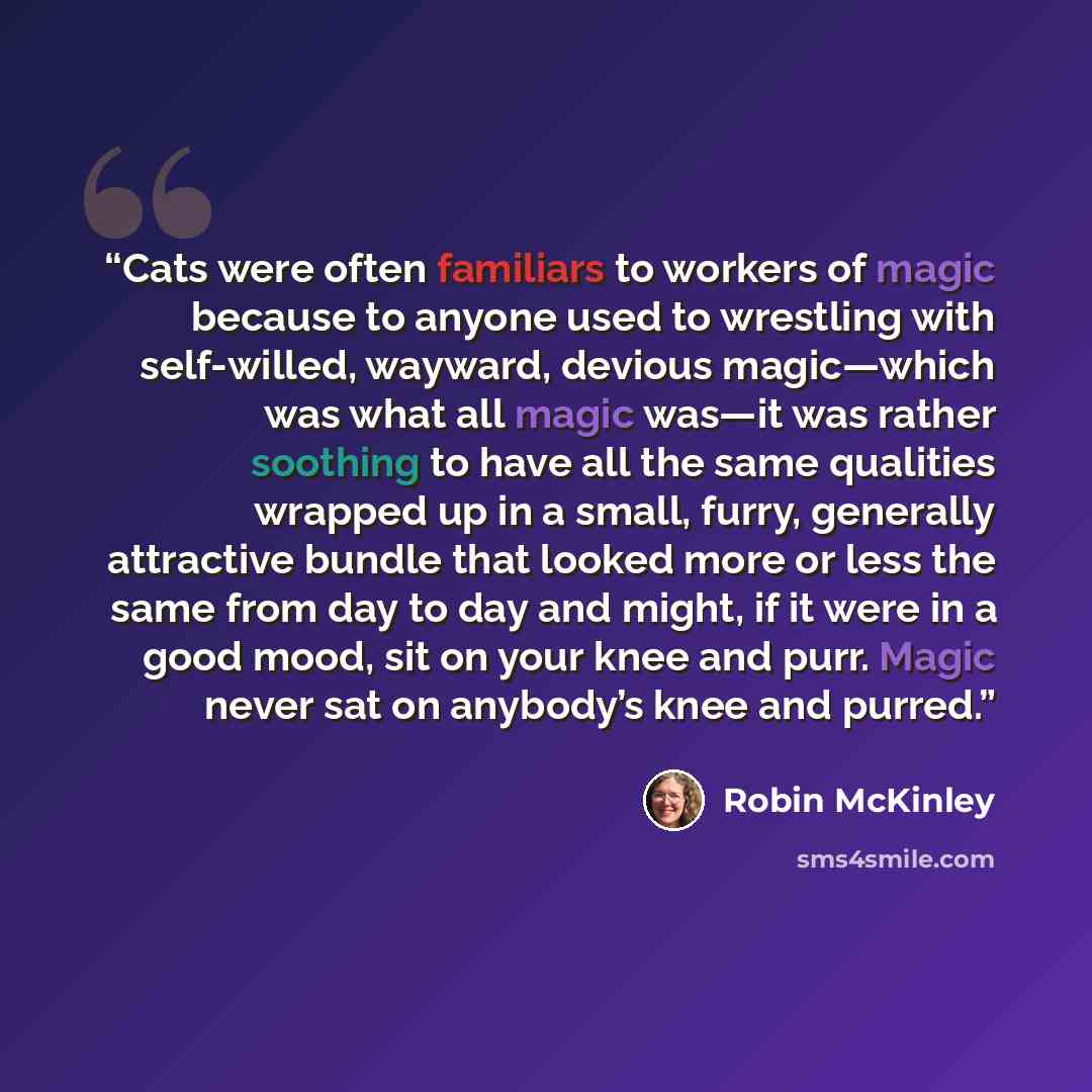 “Cats were often familiars to workers of magic because to anyone used to wrestling with self-willed, wayward, devious magic—which was what all magic was—it was rather soothing to have all the same qualities wrapped up in a small, furry, generally attractive bundle that looked more or less the same…” quote by Robin McKinley