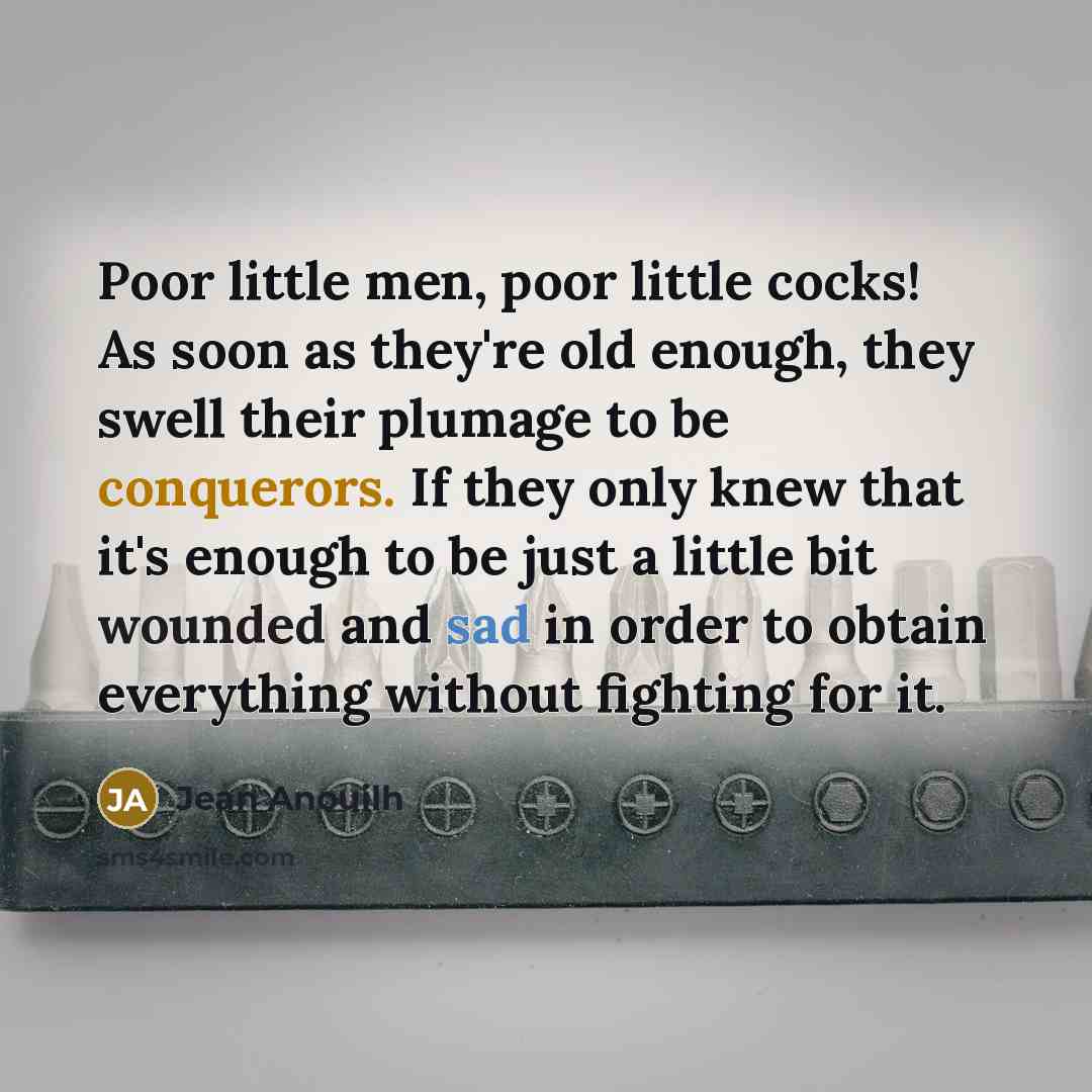 “Poor little men, poor little cocks! As soon as they're old enough, they swell their plumage to be conquerors. If they only knew that it's enough to be just a little bit wounded and sad in order to obtain everything without fighting for it.” quote by Jean Anouilh
