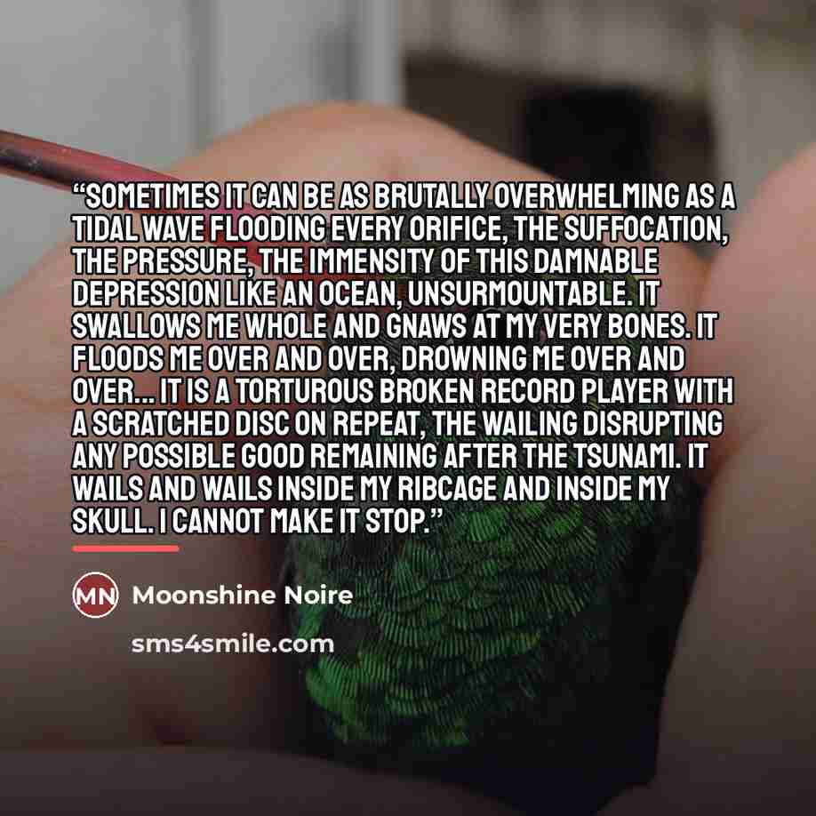 “Sometimes it can be as brutally overwhelming as a tidal wave flooding every orifice, the suffocation, the pressure, the immensity of this damnable depression like an ocean, unsurmountable. It swallows me whole and gnaws at my very bones. It floods me over and over, drowning me over and over... It…” quote by Moonshine Noire