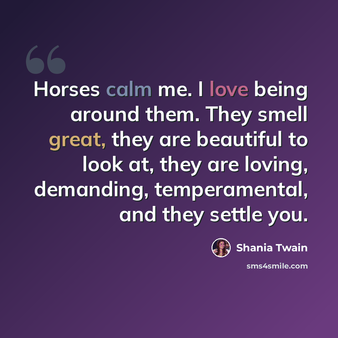 “Horses calm me. I love being around them. They smell great, they are beautiful to look at, they are loving, demanding, temperamental, and they settle you.” quote by Shania Twain