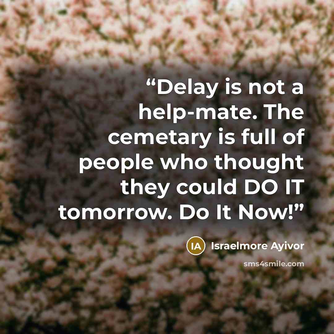 “Delay is not a help-mate. The cemetary is full of people who thought they could DO IT tomorrow. Do It Now!” quote by Israelmore Ayivor