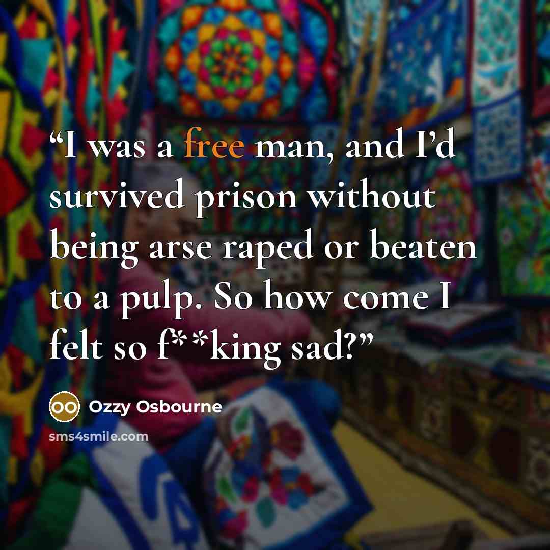 “I was a free man, and I’d survived prison without being arse raped or beaten to a pulp. So how come I felt so f**king sad?” quote by Ozzy Osbourne