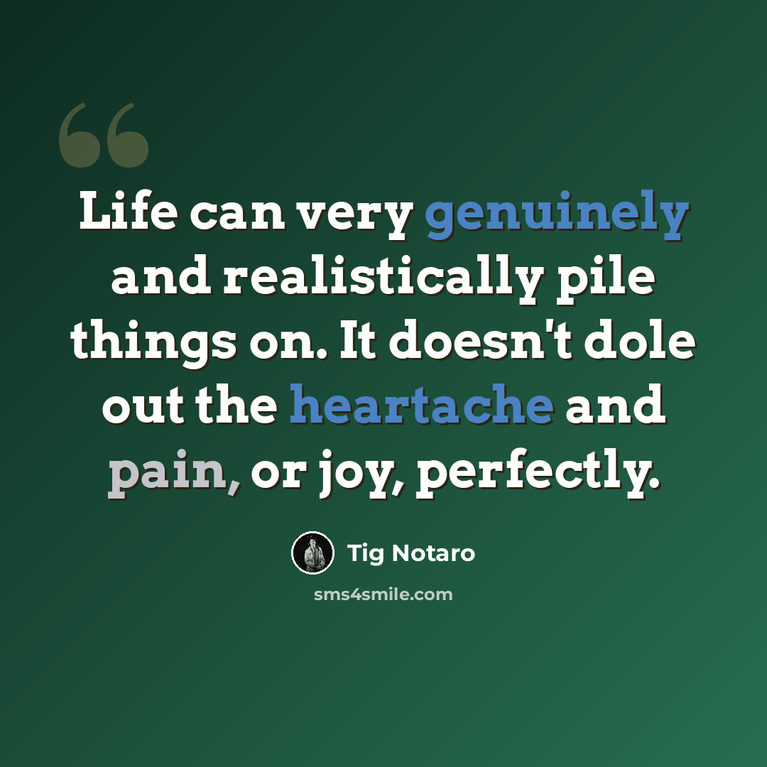 “Life can very genuinely and realistically pile things on. It doesn't dole out the heartache and pain, or joy, perfectly.” quote by Tig Notaro