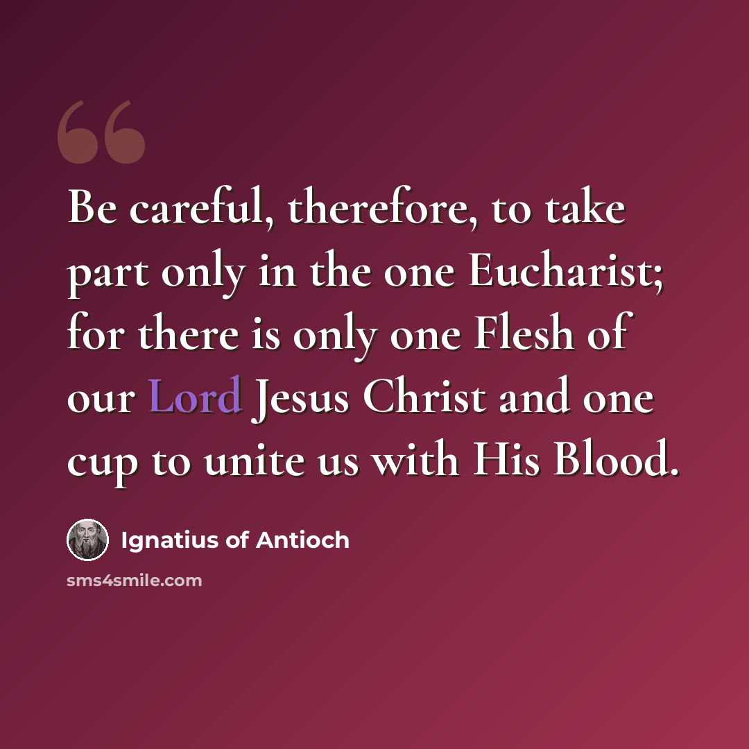 “Be careful, therefore, to take part only in the one Eucharist; for there is only one Flesh of our Lord Jesus Christ and one cup to unite us with His Blood.” quote by Ignatius of Antioch