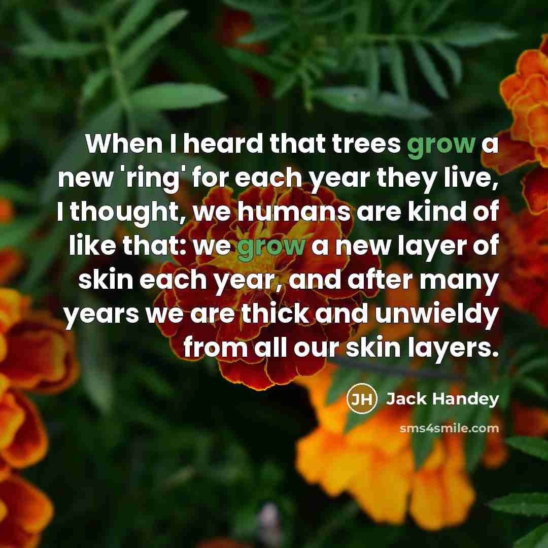 “When I heard that trees grow a new 'ring' for each year they live, I thought, we humans are kind of like that: we grow a new layer of skin each year, and after many years we are thick and unwieldy from all our skin layers.” quote by Jack Handey