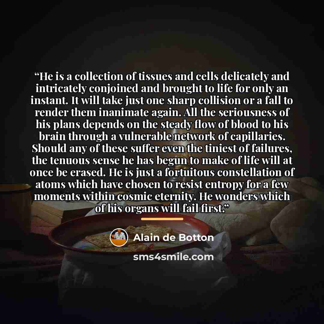 “He is a collection of tissues and cells delicately and intricately conjoined and brought to life for only an instant. It will take just one sharp collision or a fall to render them inanimate again. All the seriousness of his plans depends on the steady flow of blood to his brain through a…” quote by Alain de Botton