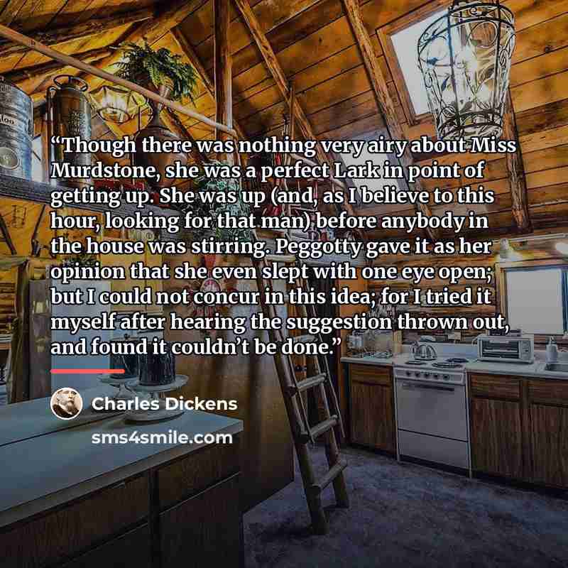 “Though there was nothing very airy about Miss Murdstone, she was a perfect Lark in point of getting up. She was up (and, as I believe to this hour, looking for that man) before anybody in the house was stirring. Peggotty gave it as her opinion that she even slept with one eye open; but I could not…” quote by Charles Dickens