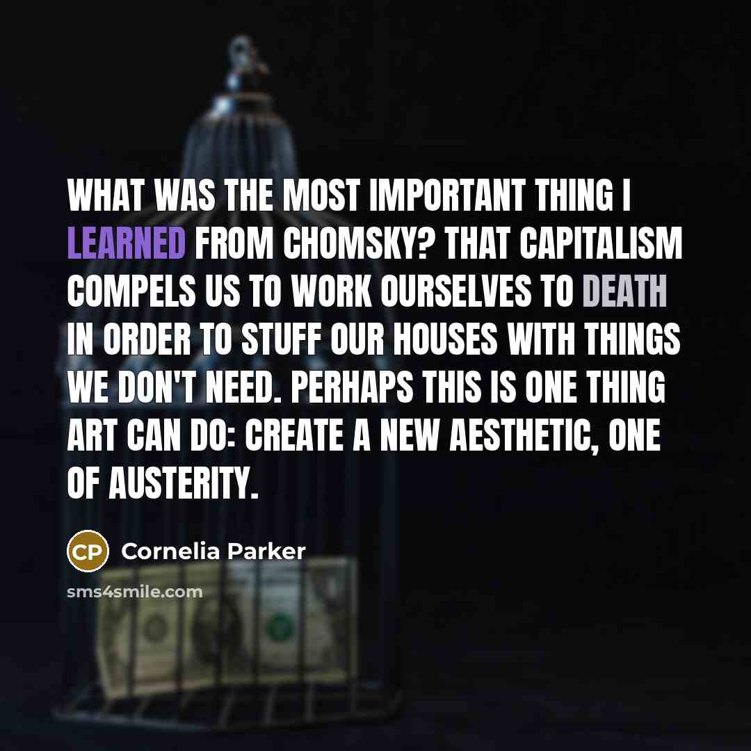 “What was the most important thing I learned from Chomsky? That capitalism compels us to work ourselves to death in order to stuff our houses with things we don't need. Perhaps this is one thing art can do: create a new aesthetic, one of austerity.” quote by Cornelia Parker