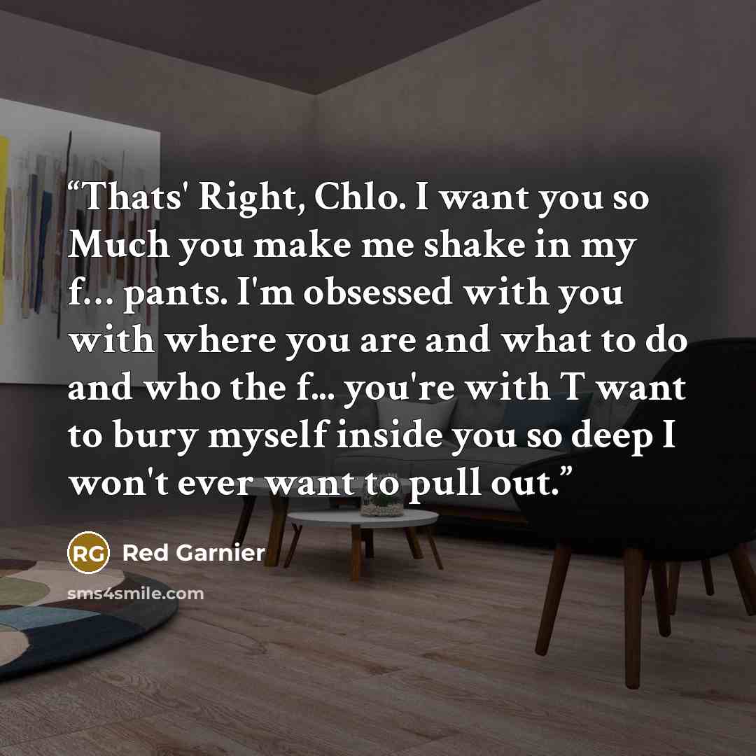 “Thats' Right, Chlo. I want you so Much you make me shake in my f… pants. I'm obsessed with you with where you are and what to do and who the f... you're with T want to bury myself inside you so deep I won't ever want to pull out.” quote by Red Garnier