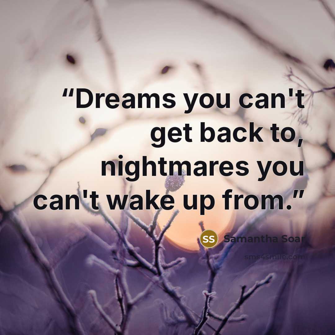 “Dreams you can't get back to, nightmares you can't wake up from.” quote by Samantha Soar