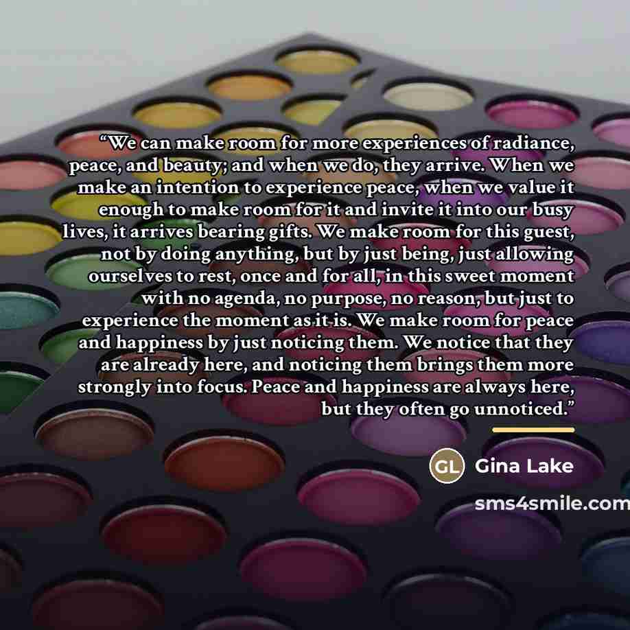 “We can make room for more experiences of radiance, peace, and beauty; and when we do, they arrive. When we make an intention to experience peace, when we value it enough to make room for it and invite it into our busy lives, it arrives bearing gifts. We make room for this guest, not by doing…” quote by Gina Lake