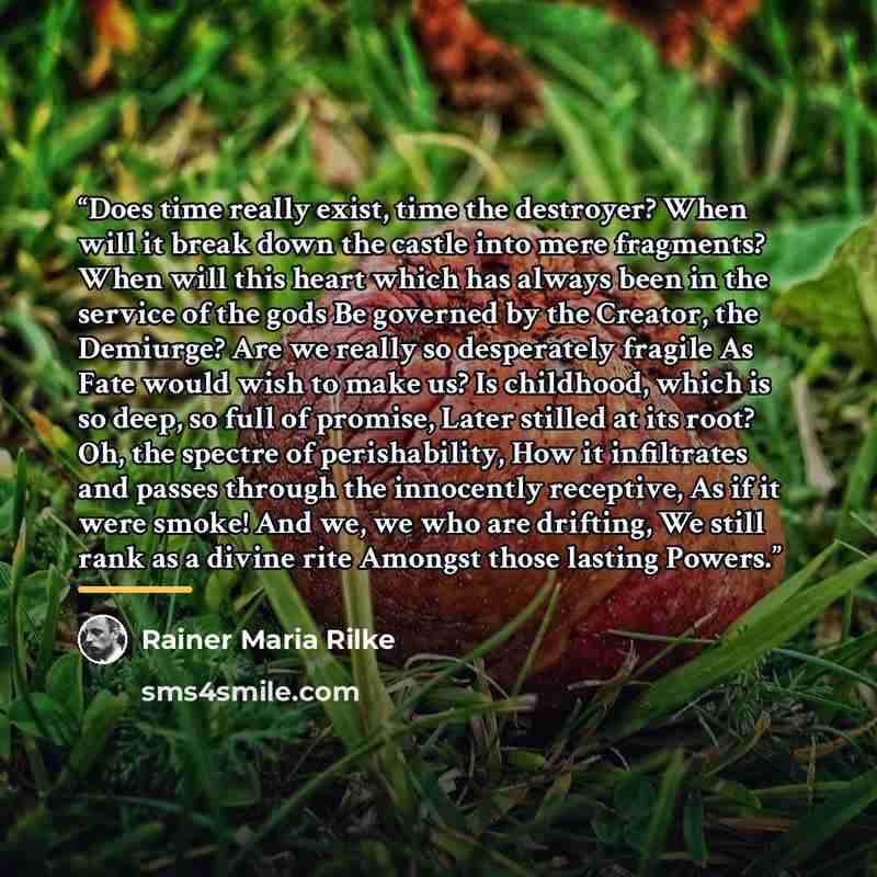 “Does time really exist, time the destroyer? When will it break down the castle into mere fragments? When will this heart which has always been in the service of the gods Be governed by the Creator, the Demiurge? Are we really so desperately fragile As Fate would wish to make us? Is childhood…” quote by Rainer Maria Rilke