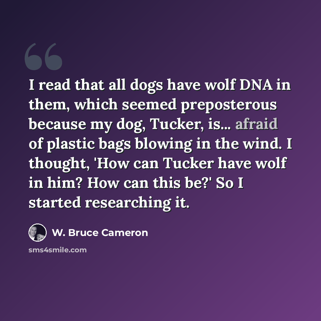 “I read that all dogs have wolf DNA in them, which seemed preposterous because my dog, Tucker, is... afraid of plastic bags blowing in the wind. I thought, 'How can Tucker have wolf in him? How can this be?' So I started researching it.” quote by W. Bruce Cameron