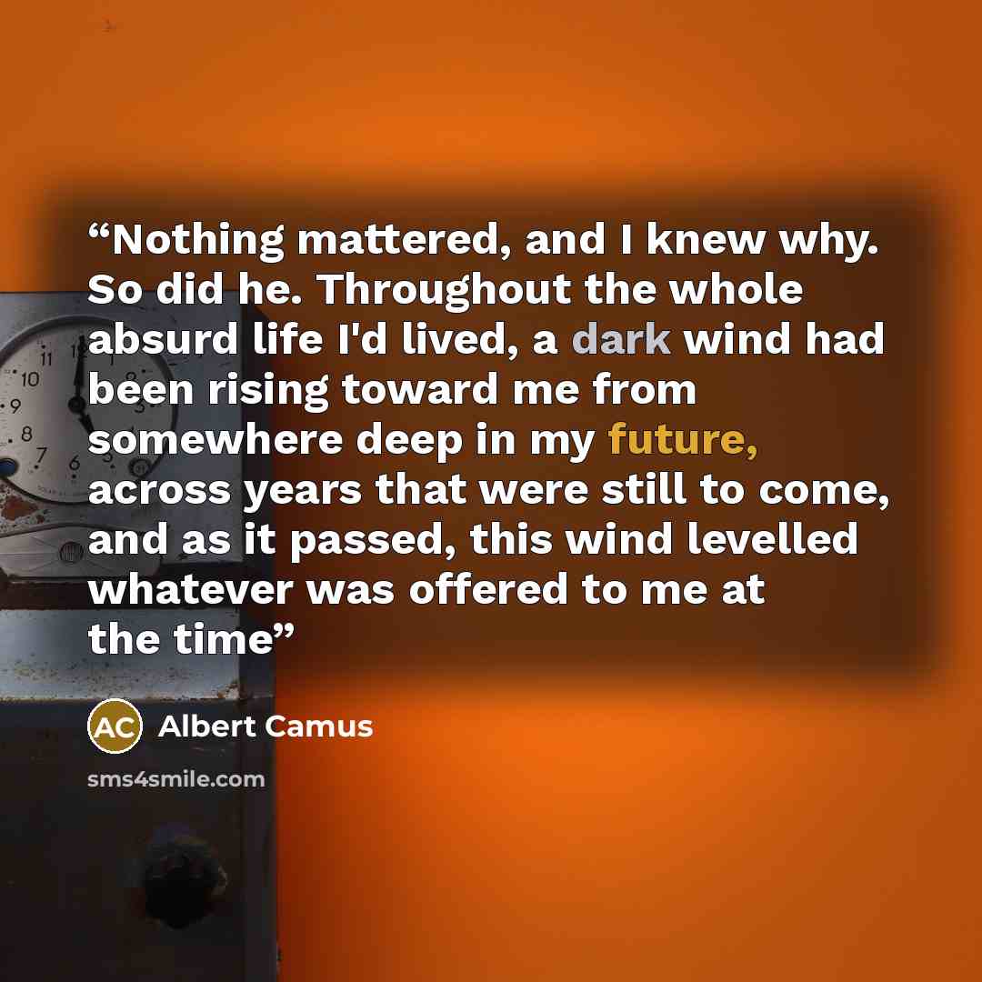 “Nothing mattered, and I knew why. So did he. Throughout the whole absurd life I'd lived, a dark wind had been rising toward me from somewhere deep in my future, across years that were still to come, and as it passed, this wind levelled whatever was offered to me at the time” quote by Albert Camus
