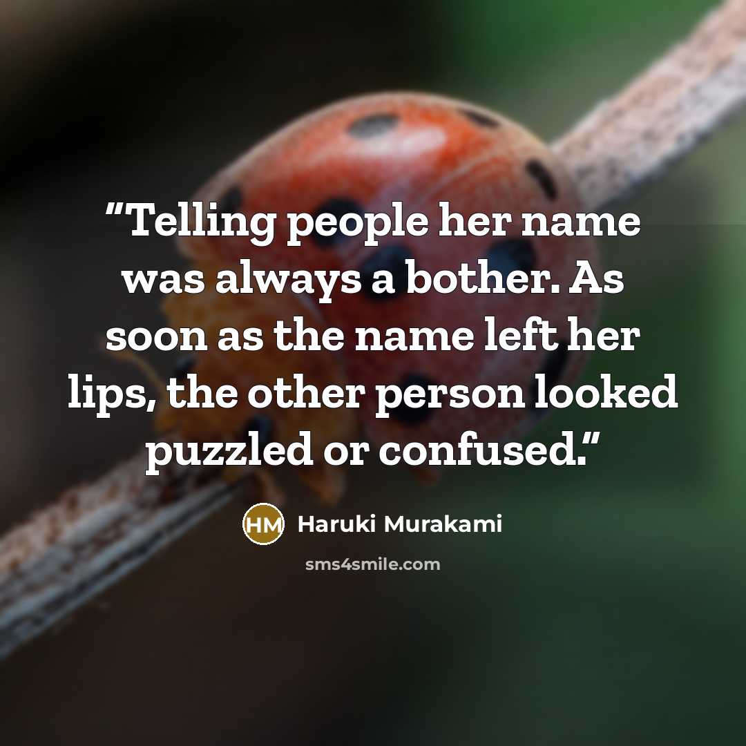 “Telling people her name was always a bother. As soon as the name left her lips, the other person looked puzzled or confused.” quote by Haruki Murakami