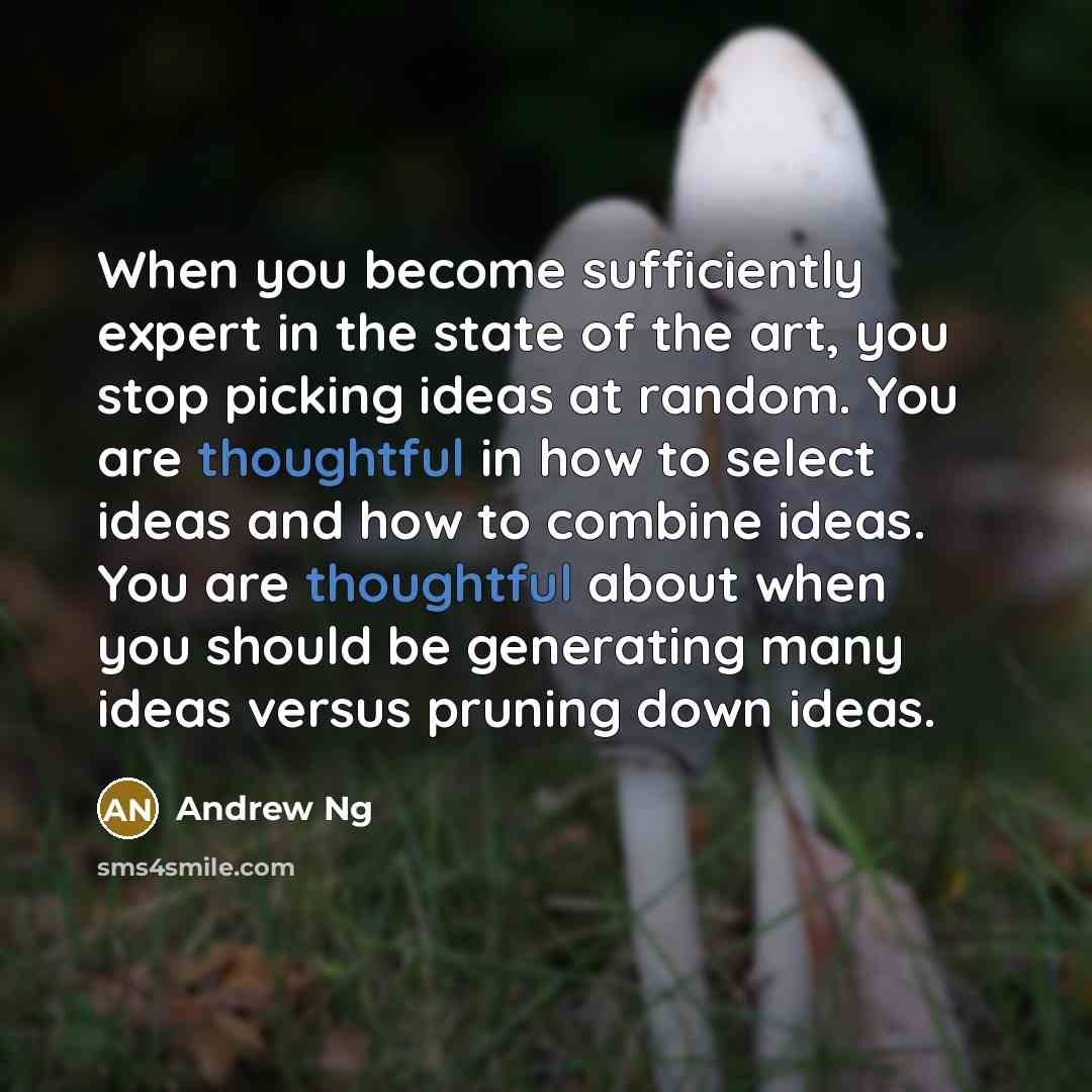 “When you become sufficiently expert in the state of the art, you stop picking ideas at random. You are thoughtful in how to select ideas and how to combine ideas. You are thoughtful about when you should be generating many ideas versus pruning down ideas.” quote by Andrew Ng