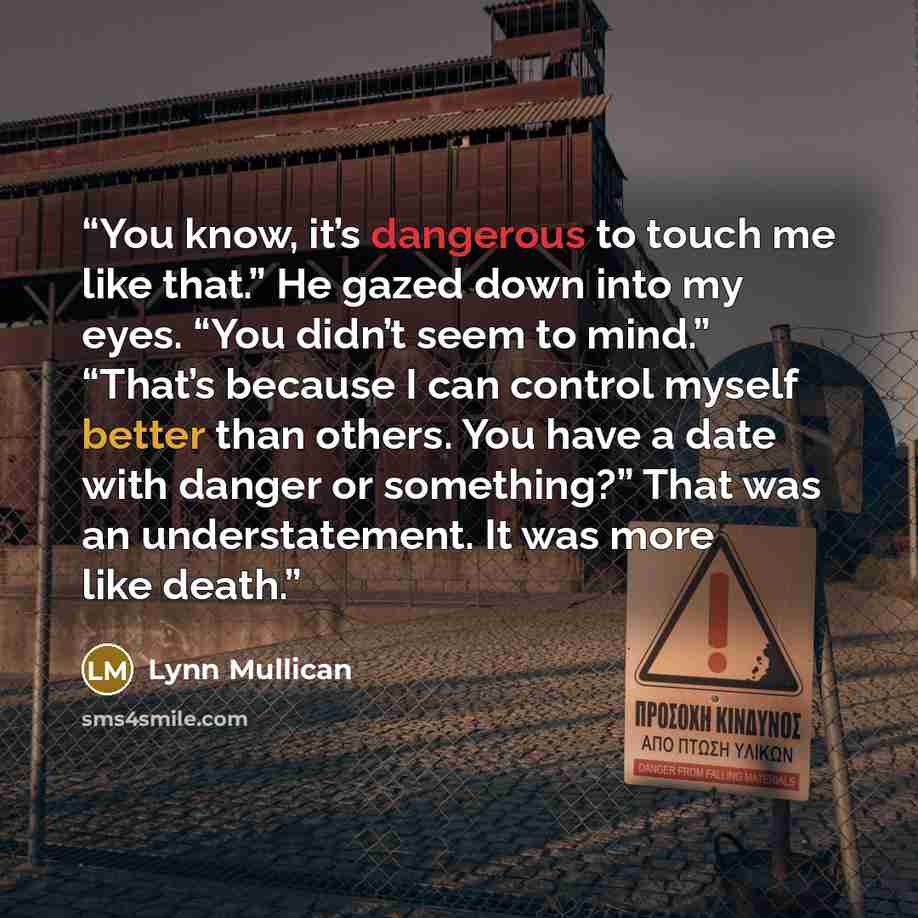 “You know, it’s dangerous to touch me like that.” He gazed down into my eyes. “You didn’t seem to mind.” “That’s because I can control myself better than others. You have a date with danger or something?” That was an understatement. It was more like death.” quote by Lynn Mullican