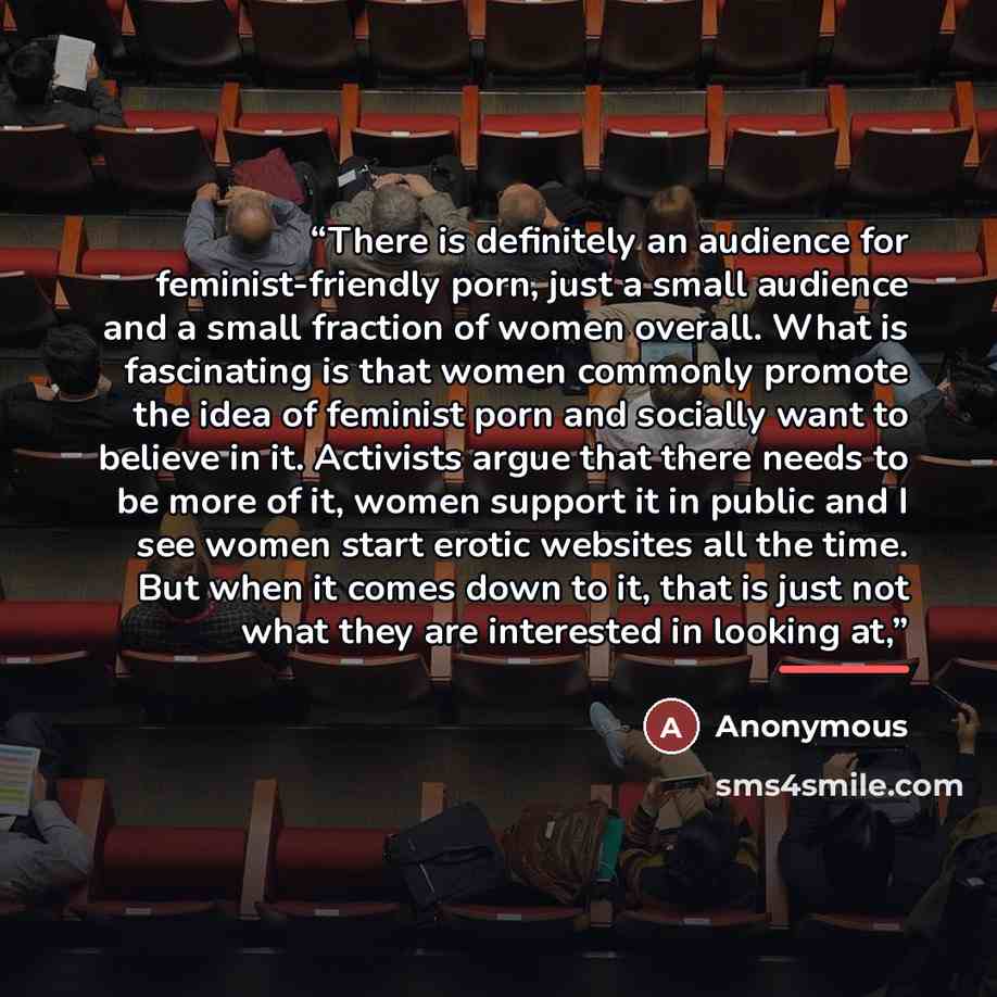 “There is definitely an audience for feminist-friendly porn, just a small audience and a small fraction of women overall. What is fascinating is that women commonly promote the idea of feminist porn and socially want to believe in it. Activists argue that there needs to be more of it, women support…” quote by Anonymous