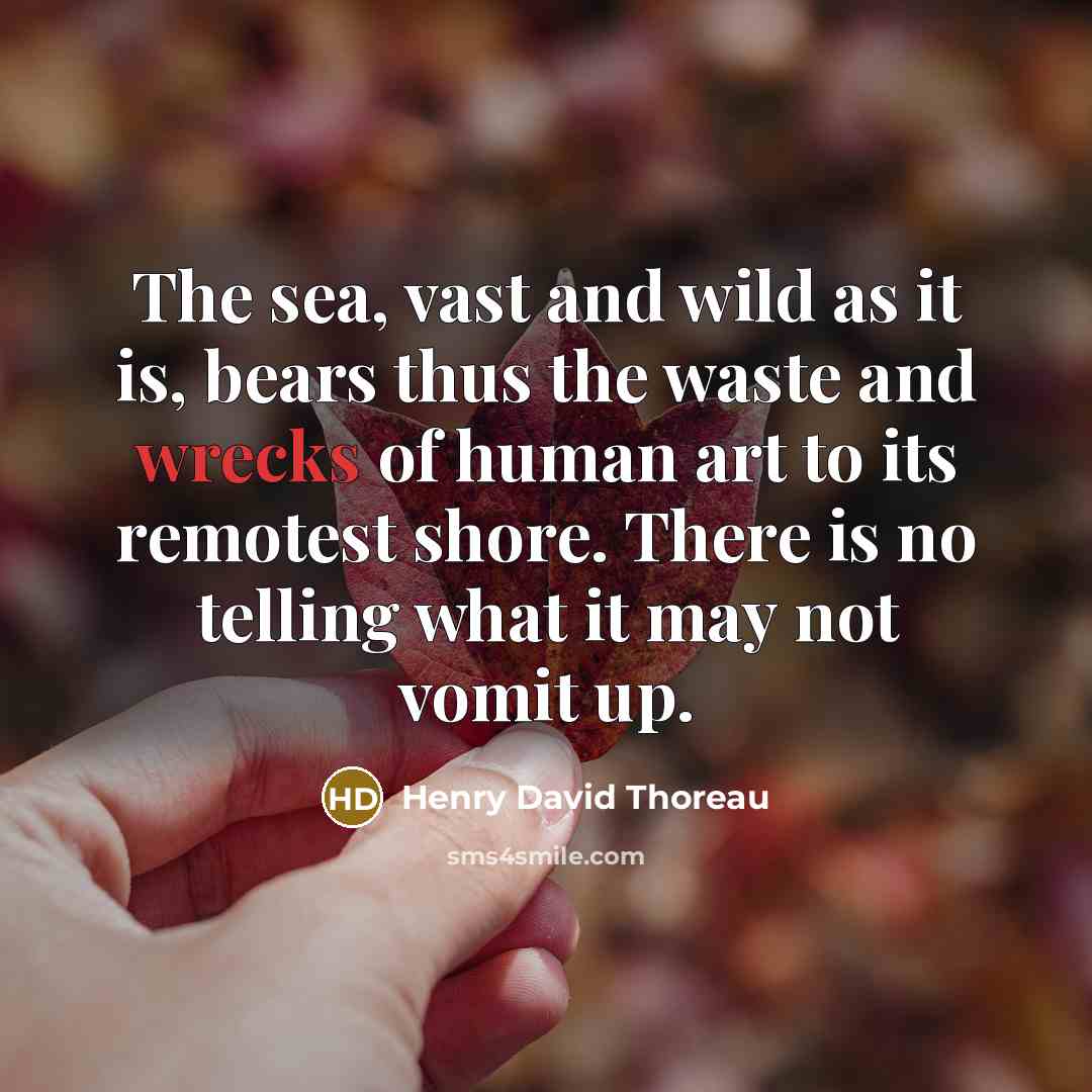“The sea, vast and wild as it is, bears thus the waste and wrecks of human art to its remotest shore. There is no telling what it may not vomit up.” quote by Henry David Thoreau