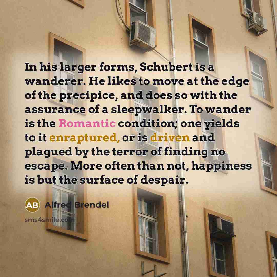 “In his larger forms, Schubert is a wanderer. He likes to move at the edge of the precipice, and does so with the assurance of a sleepwalker. To wander is the Romantic condition; one yields to it enraptured, or is driven and plagued by the terror of finding no escape. More often than not, happiness…” quote by Alfred Brendel