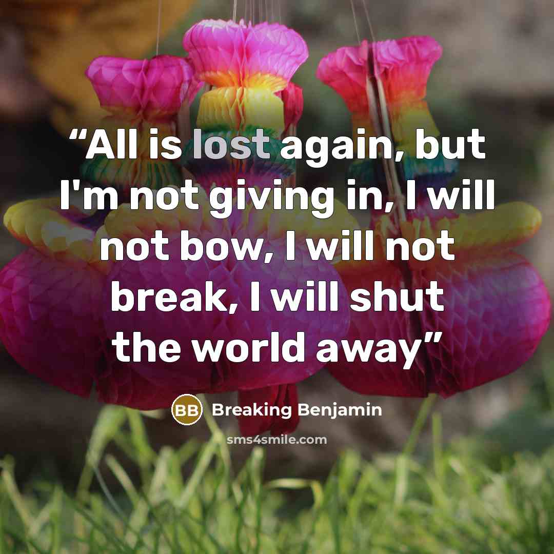 “All is lost again, but I'm not giving in, I will not bow, I will not break, I will shut the world away” quote by Breaking Benjamin