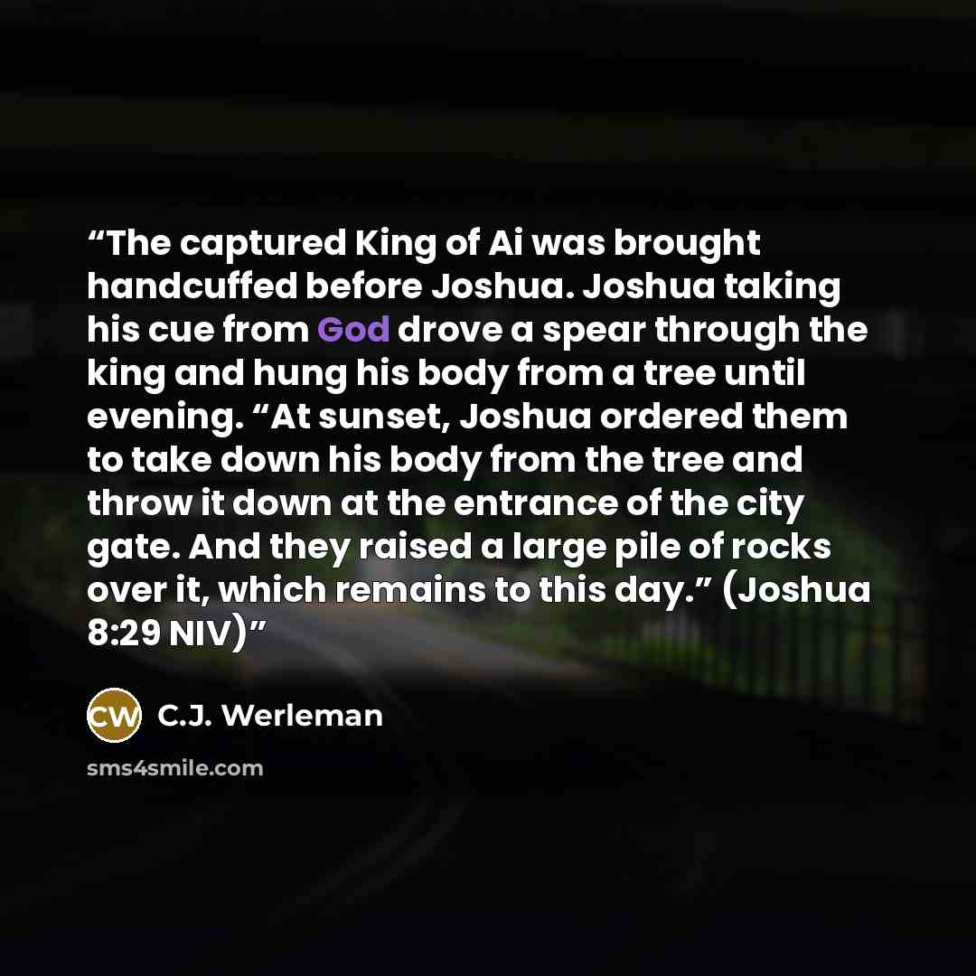 “The captured King of Ai was brought handcuffed before Joshua. Joshua taking his cue from God drove a spear through the king and hung his body from a tree until evening. “At sunset, Joshua ordered them to take down his body from the tree and throw it down at the entrance of the city gate. And they…” quote by C.J. Werleman