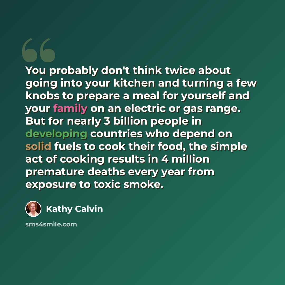“You probably don't think twice about going into your kitchen and turning a few knobs to prepare a meal for yourself and your family on an electric or gas range. But for nearly 3 billion people in developing countries who depend on solid fuels to cook their food, the simple act of cooking results…” quote by Kathy Calvin