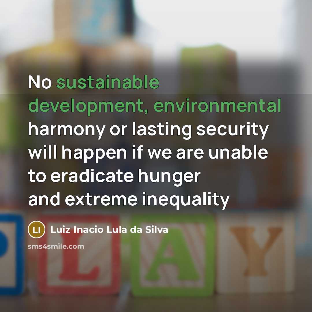 “No sustainable development, environmental harmony or lasting security will happen if we are unable to eradicate hunger and extreme inequality” quote by Luiz Inacio Lula da Silva