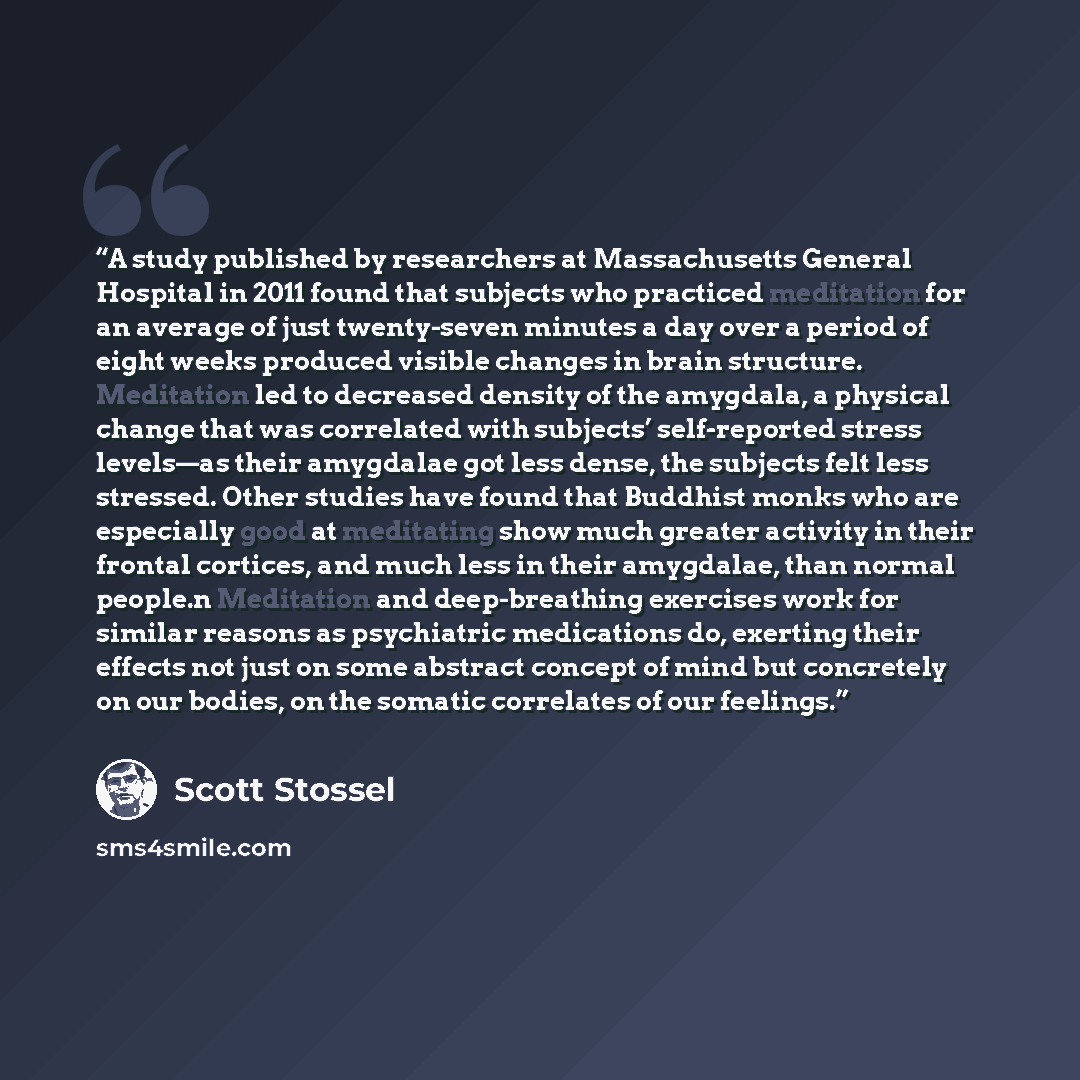 “A study published by researchers at Massachusetts General Hospital in 2011 found that subjects who practiced meditation for an average of just twenty-seven minutes a day over a period of eight weeks produced visible changes in brain structure. Meditation led to decreased density of the amygdala, a…” quote by Scott Stossel