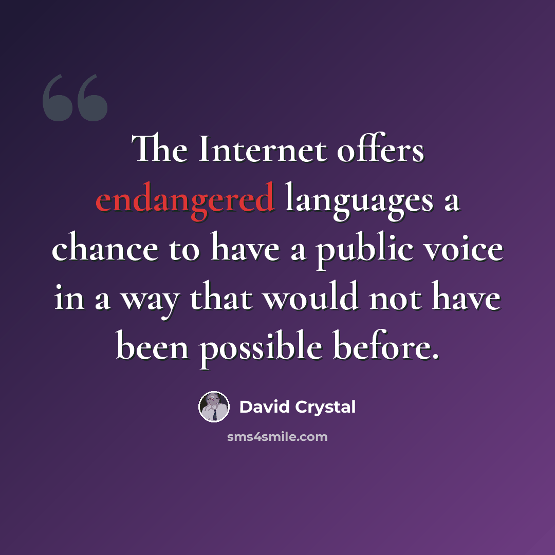 “The Internet offers endangered languages a chance to have a public voice in a way that would not have been possible before.” quote by David Crystal