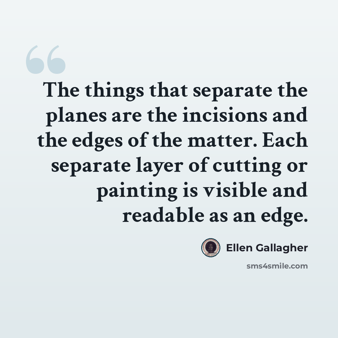 “The things that separate the planes are the incisions and the edges of the matter. Each separate layer of cutting or painting is visible and readable as an edge.” quote by Ellen Gallagher