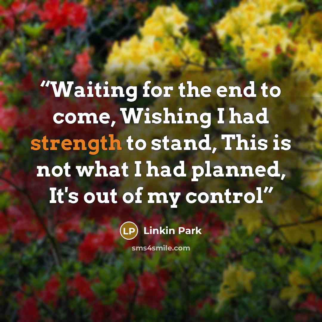 “Waiting for the end to come, Wishing I had strength to stand, This is not what I had planned, It's out of my control” quote by Linkin Park