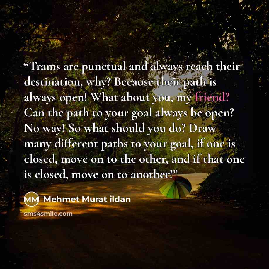 “Trams are punctual and always reach their destination, why? Because their path is always open! What about you, my friend? Can the path to your goal always be open? No way! So what should you do? Draw many different paths to your goal, if one is closed, move on to the other, and if that one is…” quote by Mehmet Murat ildan